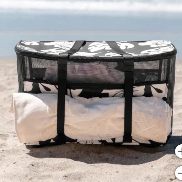 BNWT! ALOHA Collection + CleverMade collab Black & Cream Collapsible Beach Tote - Picture 4 of 4